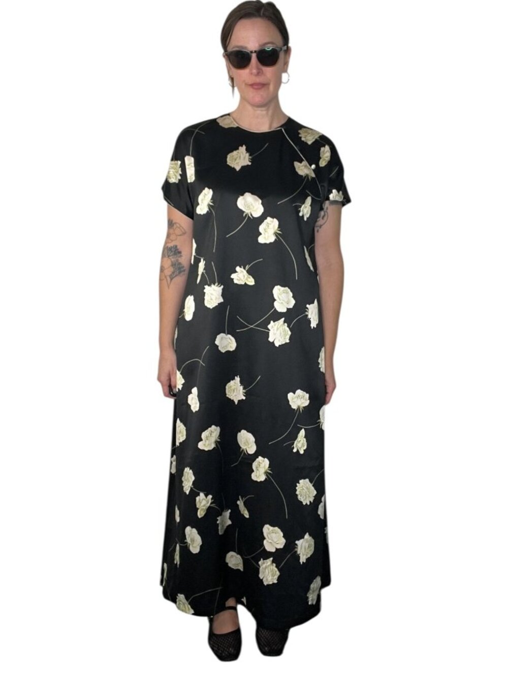 Natori Vintage 90s Satin Qipao Maxi Dress Oversized Floral Rose Print Black Med